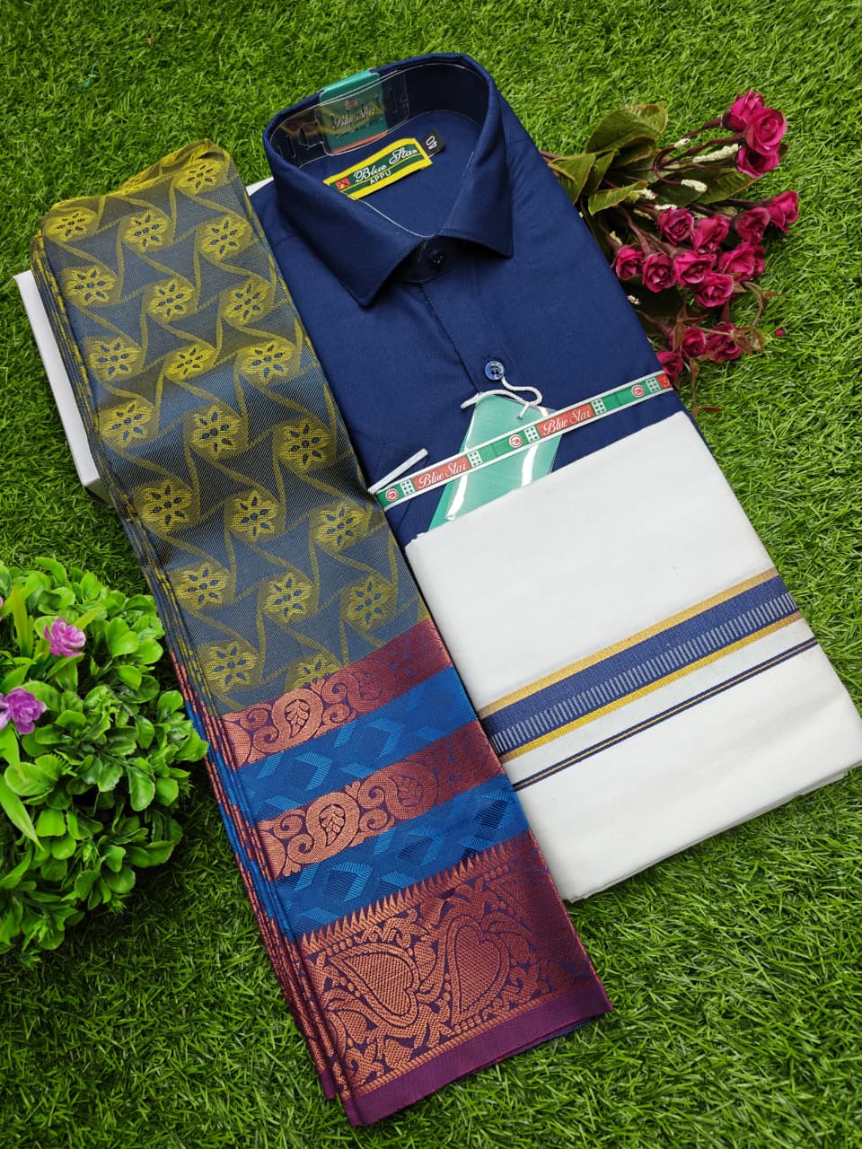 Semi Silk Saree, Cotton Dhoti & Shirt Combo Set GM001