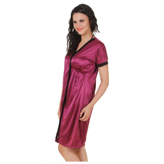 Women's Satin Short Wrap Gown with Half Sleeve(Color: Dark Wine and Black, Neck Type: V Neck)