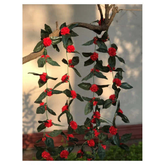 Generic Artificial Red Marigold Genda Flower Vine Creeper With Big Green Leaves For Home Decoration (Color: Red, Material: Silk Polyester)