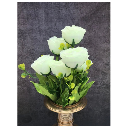 Generic Artificial Flowers Bunch Bouquet Of 6 Garden Roses For Home Decoration (Color: White, Material: Silk Polyester)