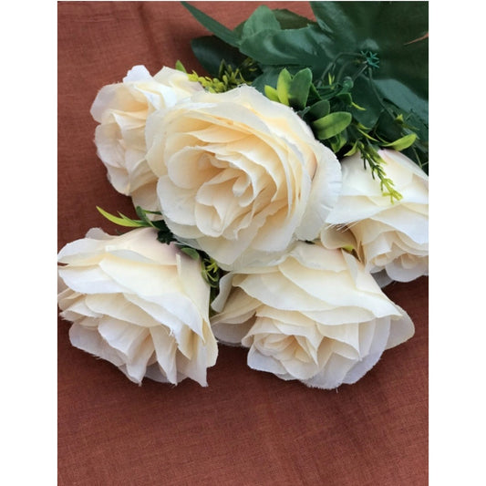 Generic Artificial Flowers Bunch Bouquet Of 5 Champagne Roses For Home Decoration (Color: Cream, Material: Silk Polyester)