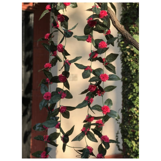 Generic Artificial Dark Pink Marigold Genda Flower Vine Creeper With Big Green Leaves For Home Decoration (Color: DarkPink, Material: Silk Polyester)