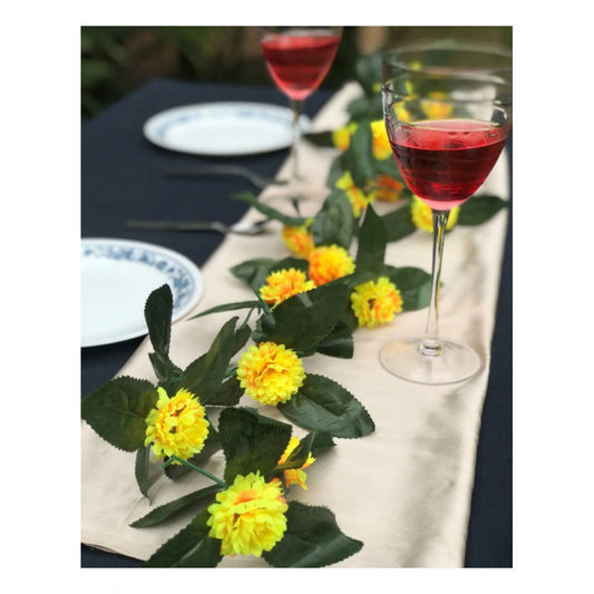 Generic Artificial Yellow Marigold Genda Flower Vine Creeper With Big Green Leaves For Home Decoration (Color: Yellow, Material: Silk Polyester)