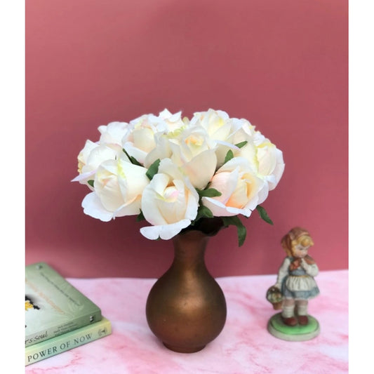 Generic Artificial Rose Flowers Bunch Bouquet Of 13 Roses For Home Decoration (Color: Cream, Material: Silk Polyester)