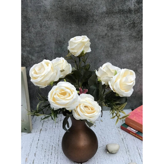 Generic Artificial Flowers Bunch Bouquet Of 5 Vintage Garden Roses For Home Decoration (White, Material:Silk, Polyester)