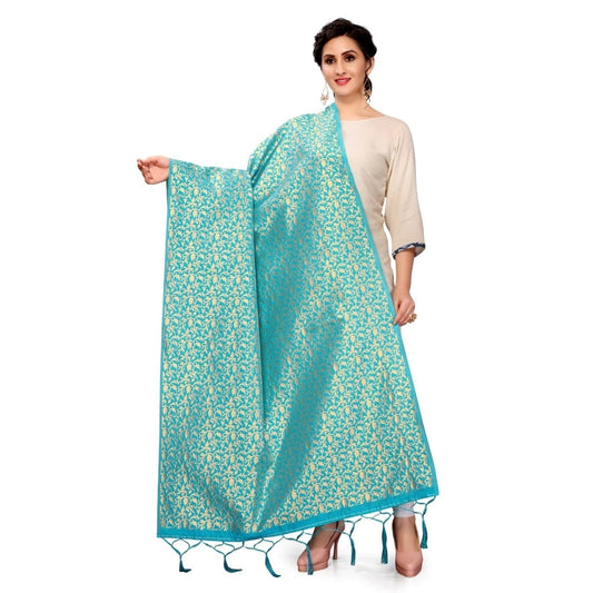Generic Women's Silk Pure weaving Work Duppatta (Light Blue, Length: 2-2.3 Mtrs)