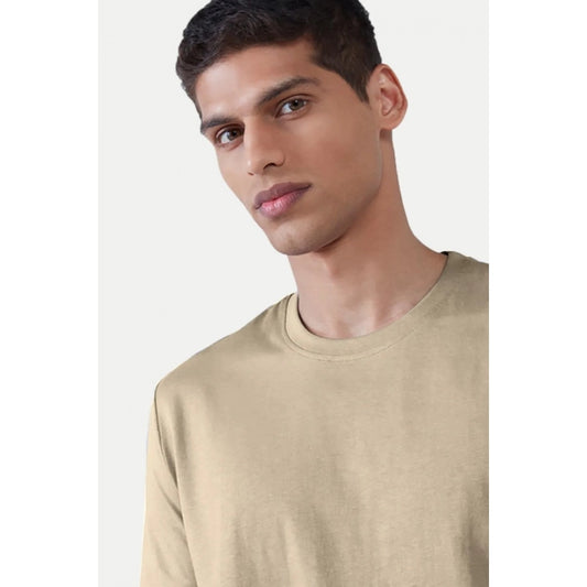 Generic Men's Casual Half sleeve Solid Polyester Crew Neck T-shirt (Beige)