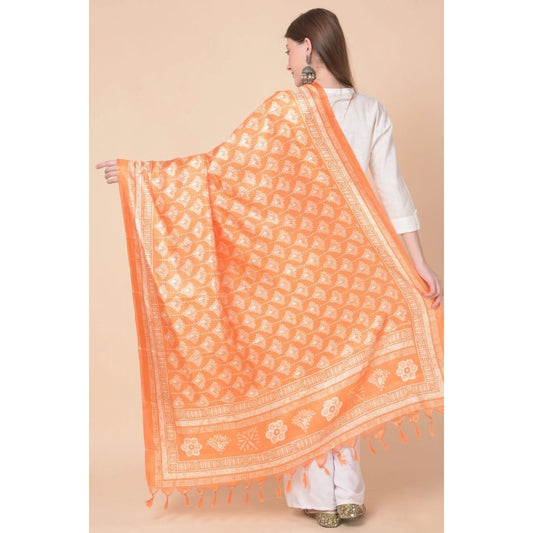 Generic Women's Art Silk Printed Dupatta (Orange, Length: 2.25 to 2.50 Mtr)