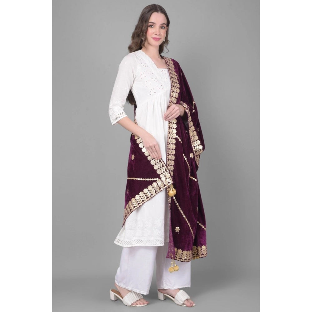 Generic Women's Velvet Gotta Patti Dupatta (Wine, Length: 2.25 to 2.50 Mtr)