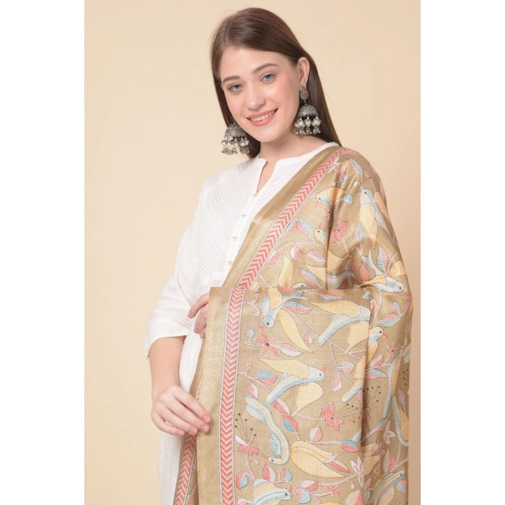 Generic Women's Art Silk Printed Dupatta (Light Brown, Length: 2.25 to 2.50 Mtr)