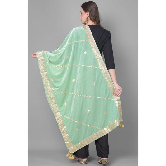 Generic Women's Velvet Gotta Patti Dupatta (Sea Green, Length: 2.25 to 2.50 Mtr)