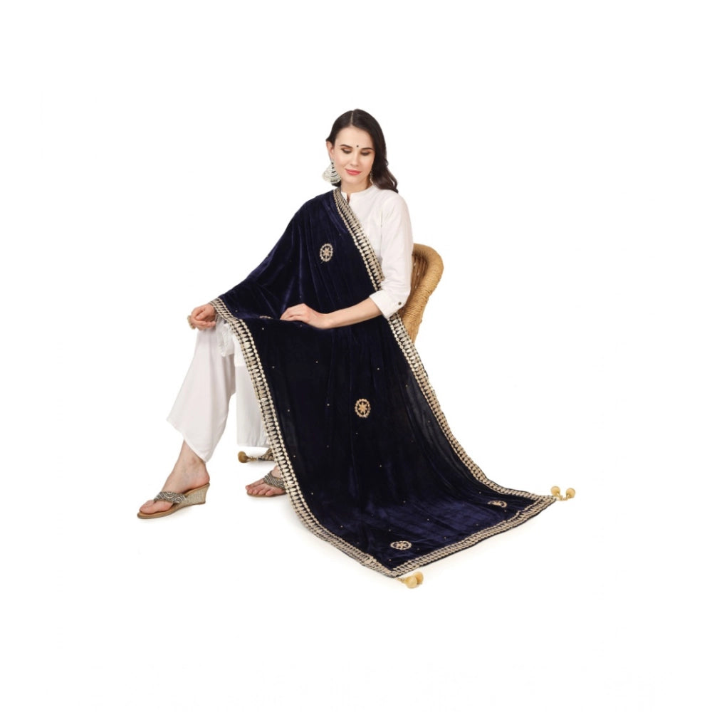 Generic Women's Velvet Gotta Patti Dupatta (Blue, Length: 2.25 to 2.50 Mtr)