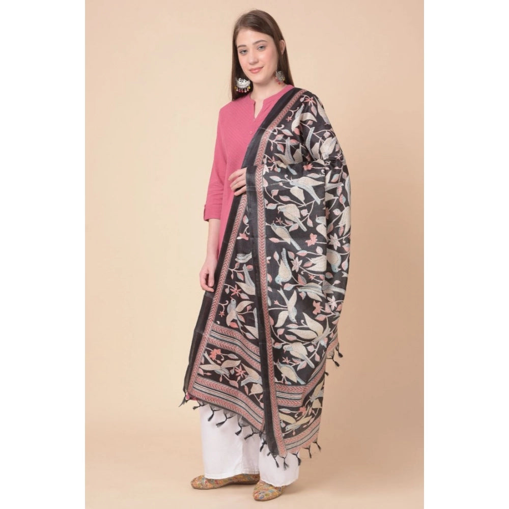 Generic Women's Art Silk Printed Dupatta (Black, Length: 2.25 to 2.50 Mtr)