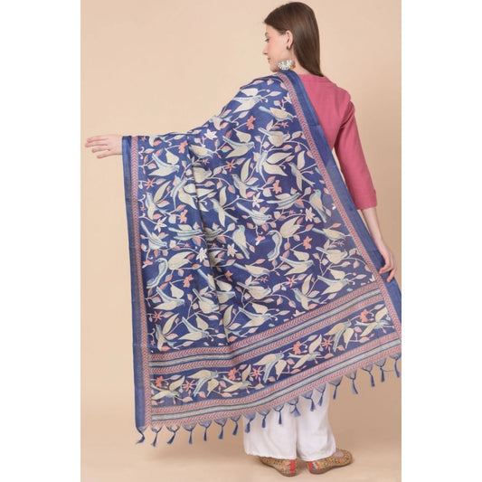 Generic Women's Art Silk Printed Dupatta (Blue, Length: 2.25 to 2.50 Mtr)