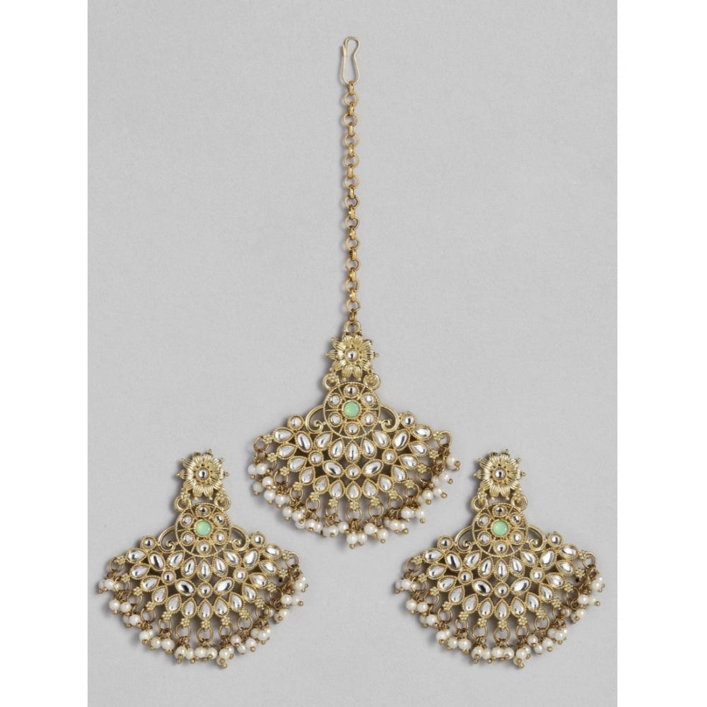 Generic Women's Rose Gold Plated Alloy Kundan Earrings & Mangtikka (White)