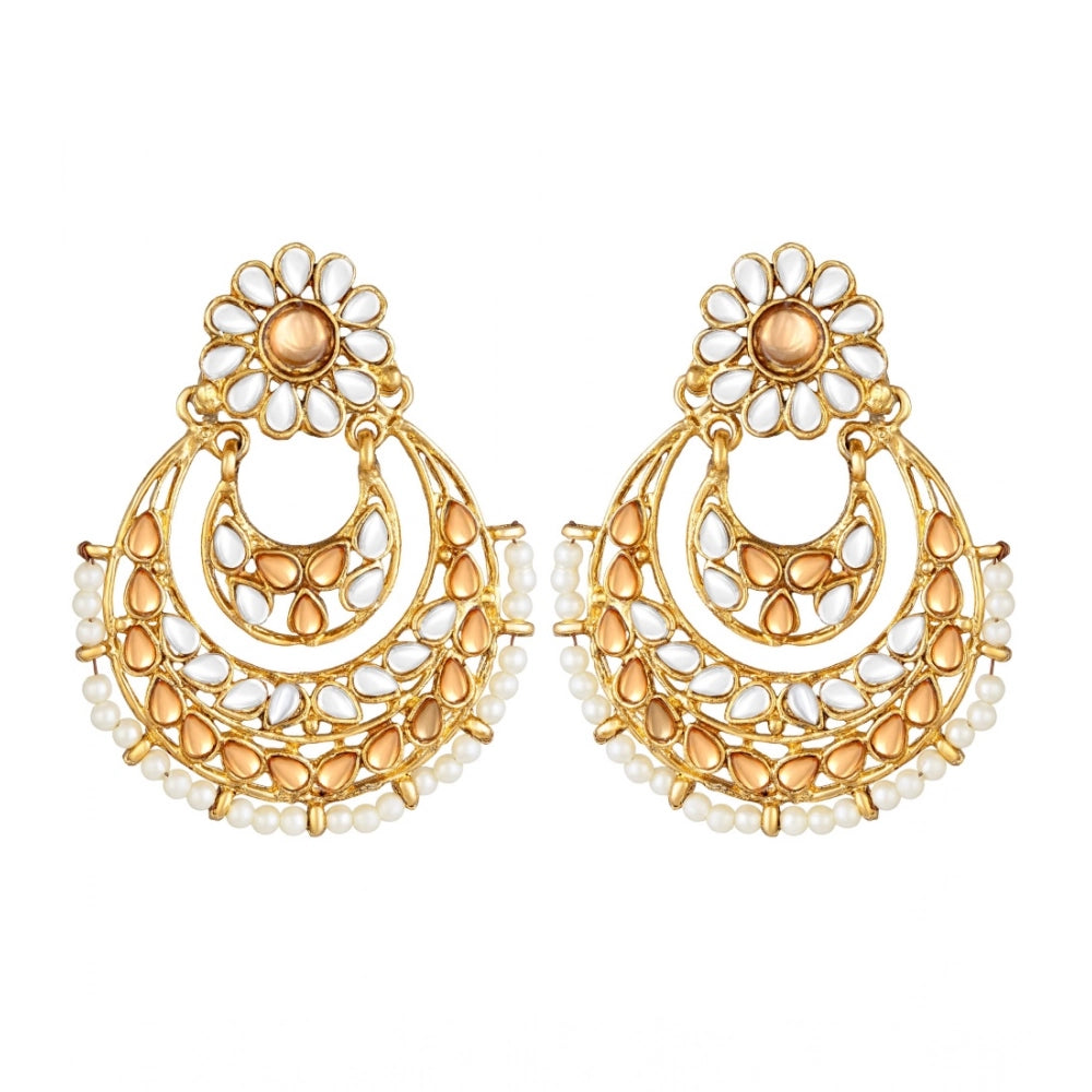 Generic Women's Rose Gold Plated Alloy Kundan Earrings & Mangtikka (White & Gold)