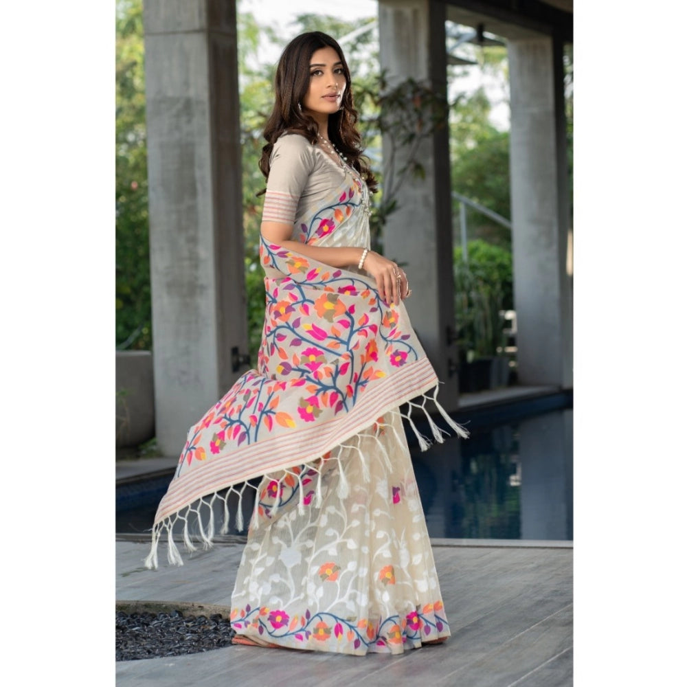 Generic Women's Cotton Printed Saree With Unstitched Blouse (Off-White, 5-6 Mtrs)