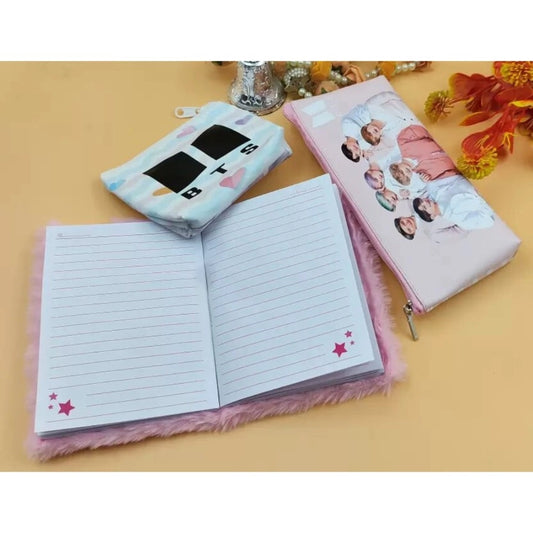 Prezzie Villa 3 in 1 Black Pink Stationery Set for Kids in Multicolor 2 Pouches and 1 Pocket Diary Set | Soft Furr | Stationery | 5+ Years