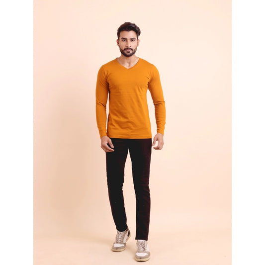 Generic Men's Casual Cotton Solid V Neck Full Sleeve T-Shirt (Mustard)