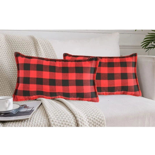 Generic Pack Of_2 Cotton Checkered Cushion Cover With Blanket Stitch (Red & Black, Size: 12x20 In)