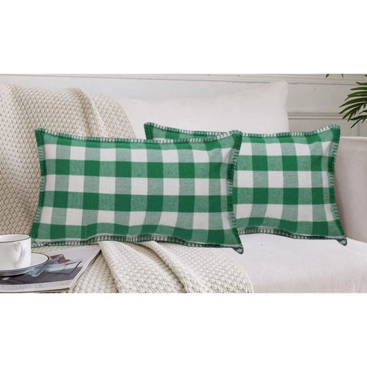 Generic Pack Of_2 Cotton Checkered Cushion Cover With Blanket Stitch (Green, Size: 12x20 In)