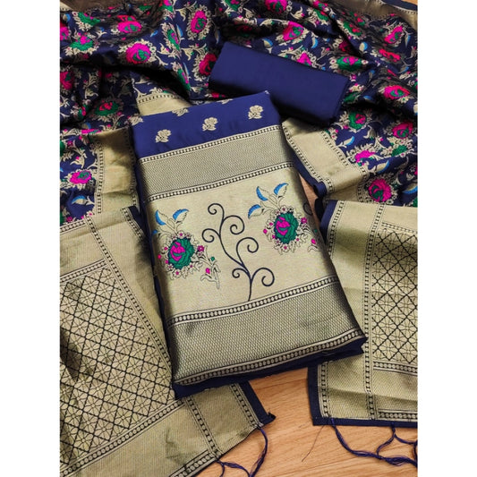 Generic Women's Banarasi Silk Printed Unstitched Salwar Suit Material With Dupatta (Navy Blue, 3Mtrs)