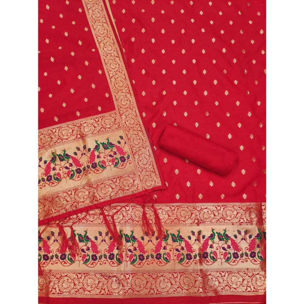 Generic Women's Banarasi Silk Printed Unstitched Salwar Suit Material With Dupatta (Red, 3Mtrs)