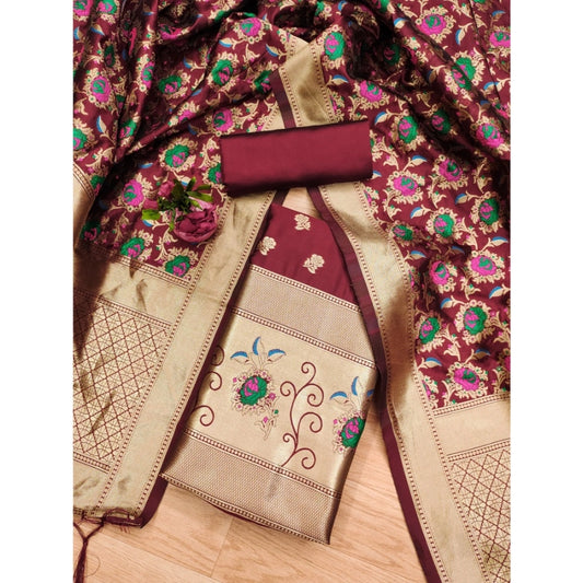 Generic Women's Banarasi Silk Printed Unstitched Salwar Suit Material With Dupatta (Maroon, 3Mtrs)