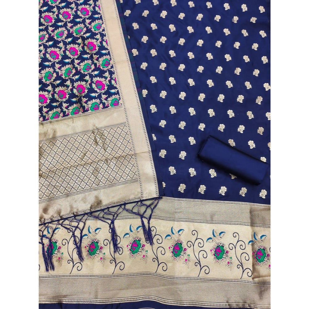 Generic Women's Banarasi Silk Printed Unstitched Salwar Suit Material With Dupatta (Navy Blue, 3Mtrs)