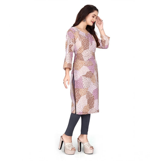 Generic Women's Rayon Printed Round Neck 3-4th Sleeve Kurti (Brown)