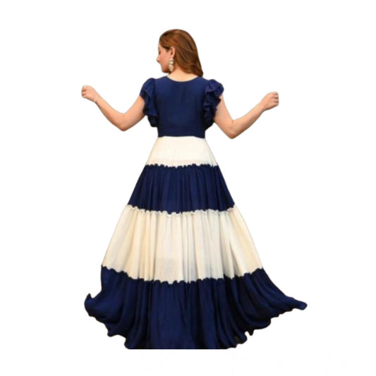 Generic Women's Georgette Solid Half Sleeve Gown (Blue-White)