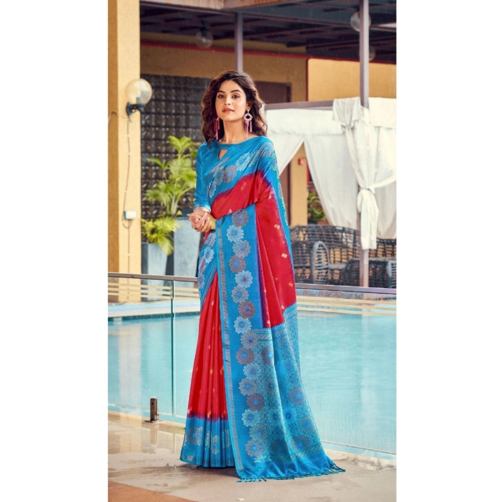 Generic Women's Cotton Blend Printed Saree With Unstitched Blouse (Red, 5-5 Mtrs)