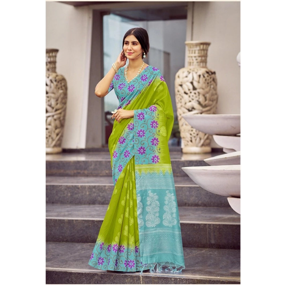 Generic Women's Cotton Blend Printed Saree With Unstitched Blouse (Green, 5-5 Mtrs)
