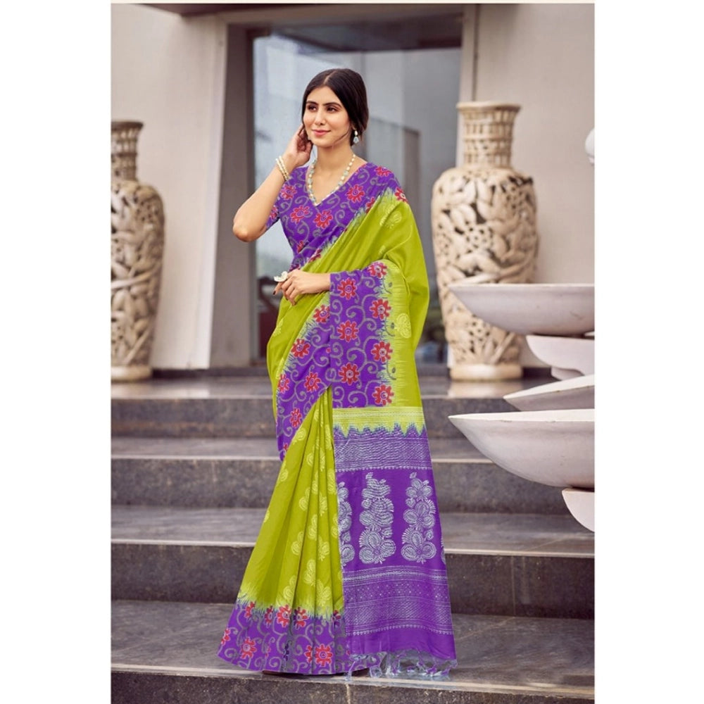 Generic Women's Cotton Blend Printed Saree With Unstitched Blouse (Mehendi, 5-5 Mtrs)