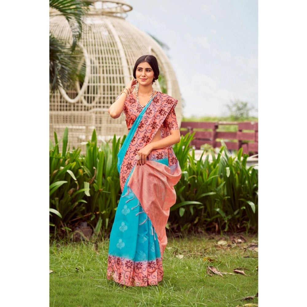Generic Women's Cotton Blend Printed Saree With Unstitched Blouse (Skyblue, 5-5 Mtrs)