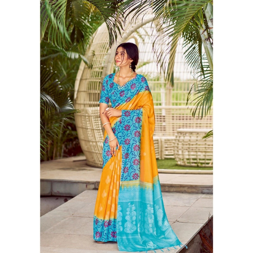 Generic Women's Cotton Blend Printed Saree With Unstitched Blouse (Yellow, 5-5 Mtrs)