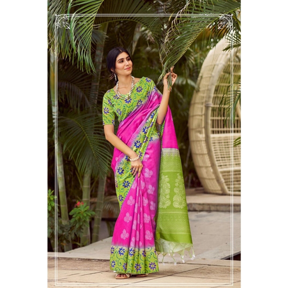 Generic Women's Cotton Blend Printed Saree With Unstitched Blouse (Pink, 5-5 Mtrs)