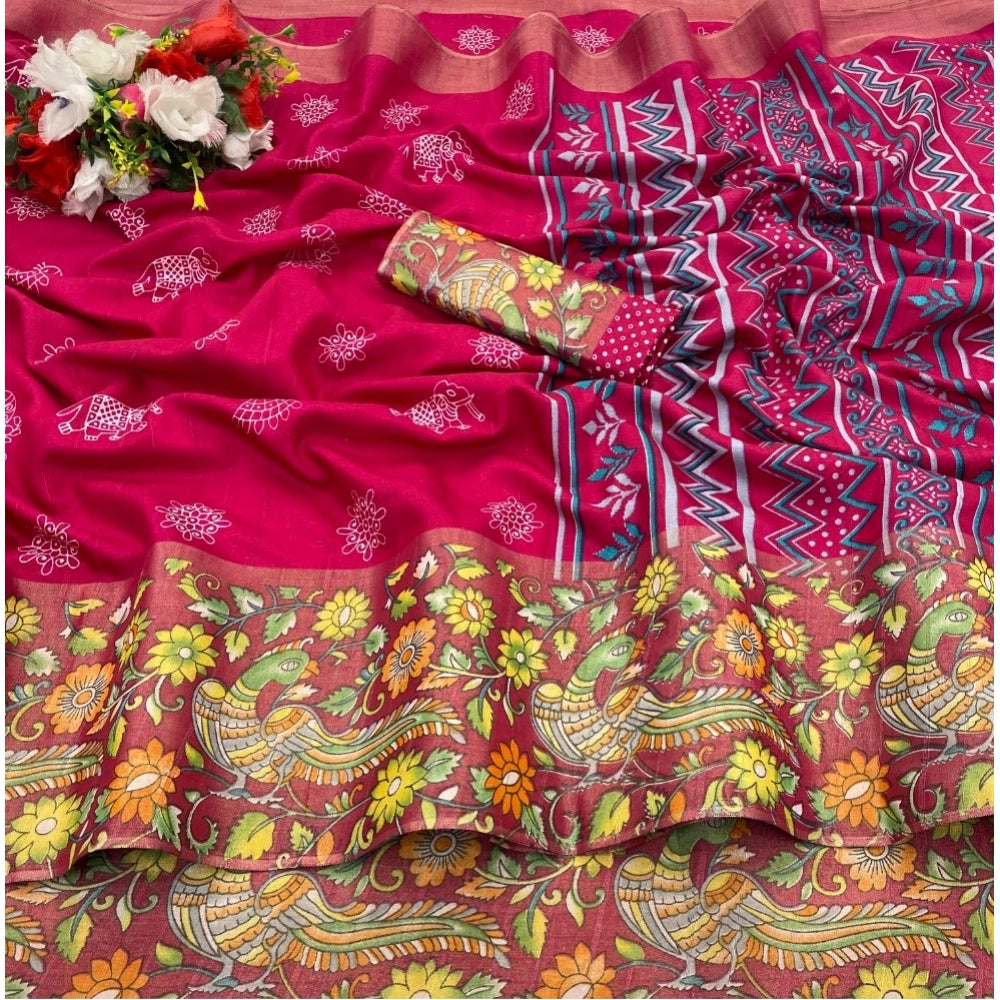 Generic Women's Silk Blend Printed Saree With Unstitched Blouse (Pink, 5-5 Mtrs)