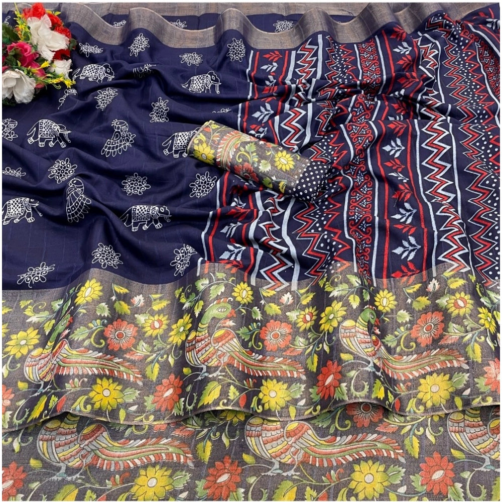 Generic Women's Silk Blend Printed Saree With Unstitched Blouse (Dark Blue, 5-5 Mtrs)