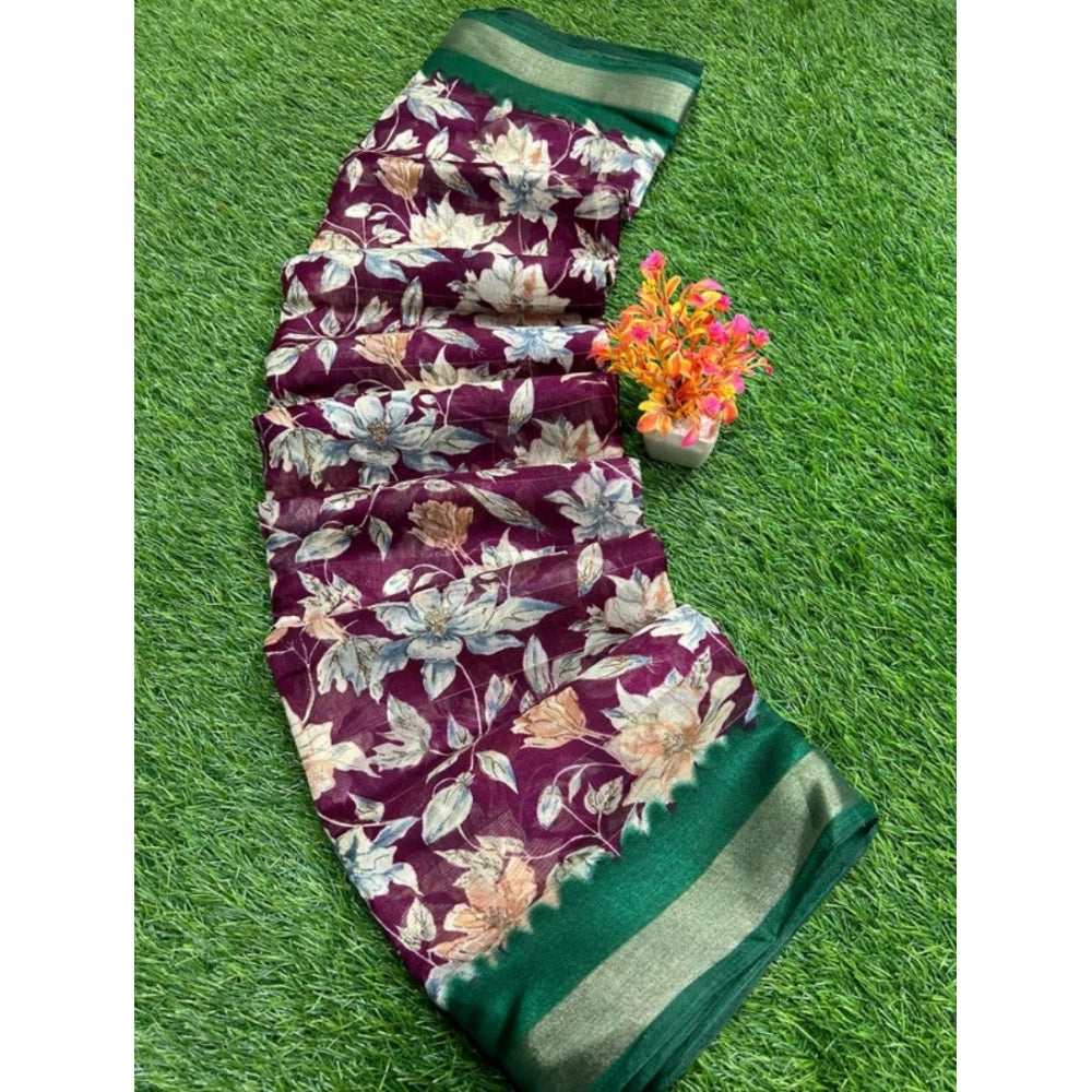 Generic Women's linen Printed Saree With Unstitched Blouse (Magenta, 5-5 Mtrs)