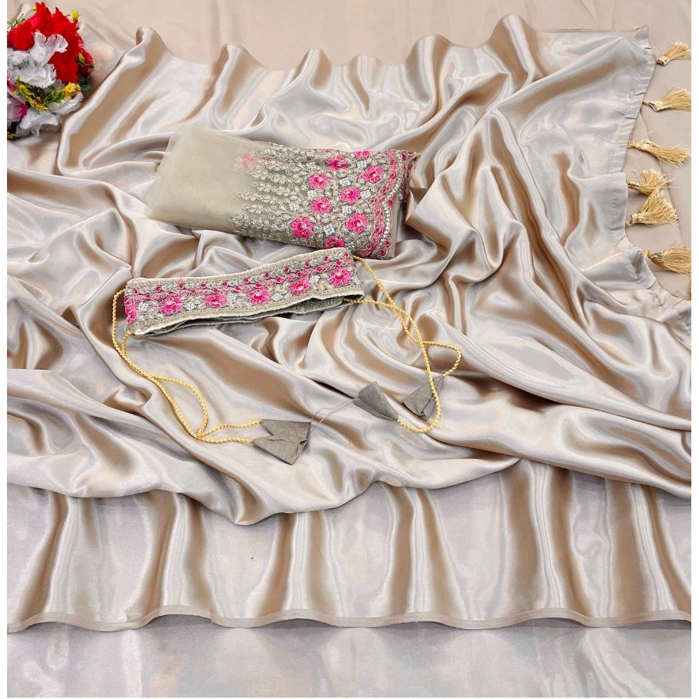 Generic Women's Satin Solid Saree With Unstitched Blouse (Beige, 5-5 Mtrs)