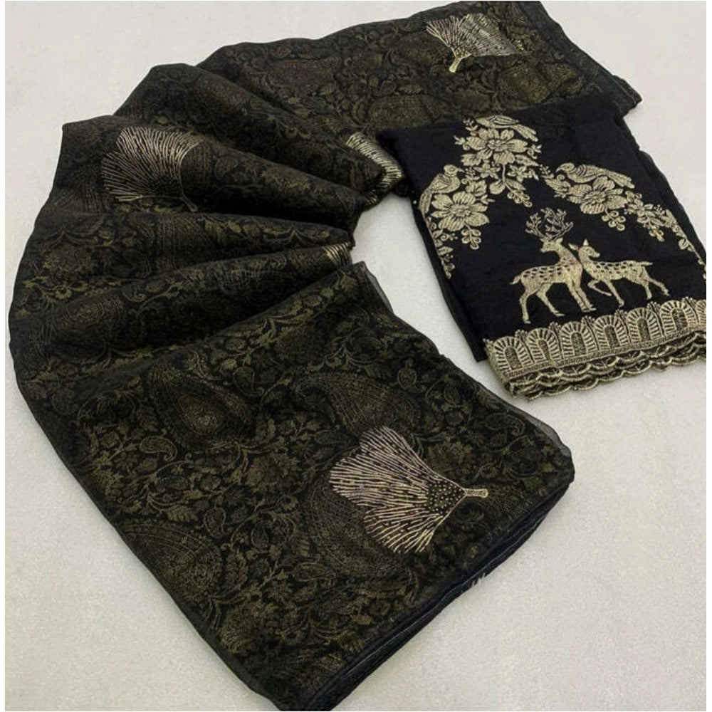 Generic Women's Georgette Printed Saree With Unstitched Blouse (Black, 5-5 Mtrs)