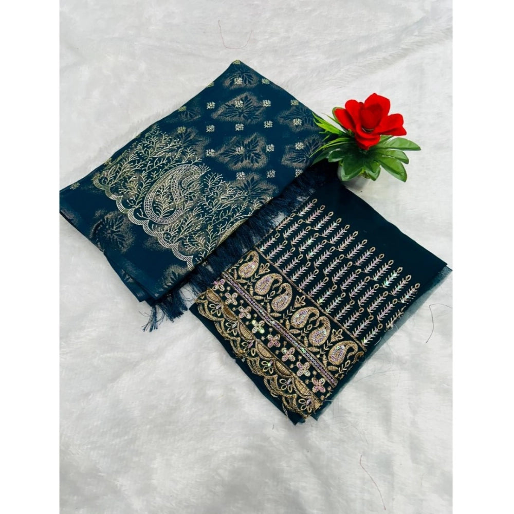 Generic Women's Georgette Printed Saree With Unstitched Blouse (Dark Blue, 5-5 Mtrs)