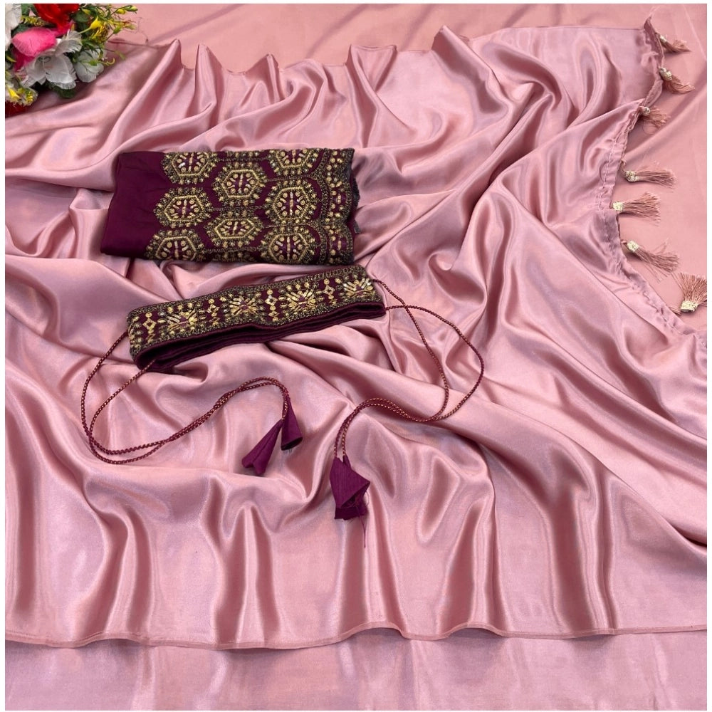 Generic Women's Satin Solid Saree With Unstitched Blouse (Wine, 5-5 Mtrs)