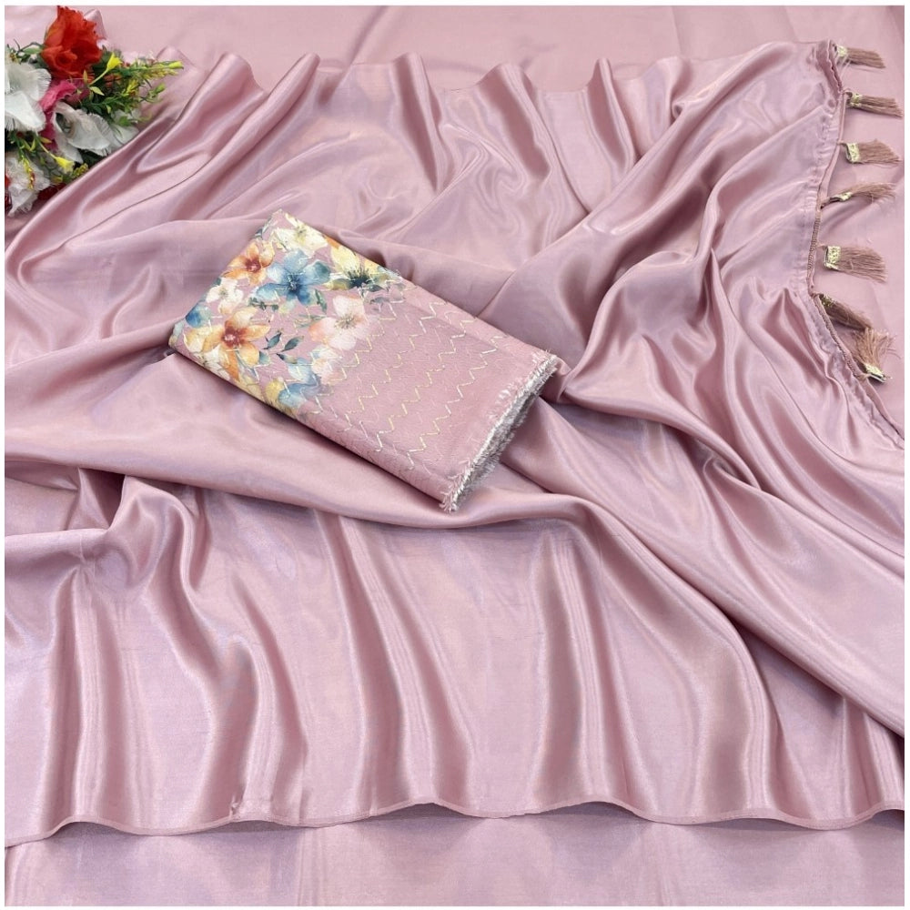 Generic Women's Satin Solid Saree With Unstitched Blouse (Lightpink, 5-5 Mtrs)