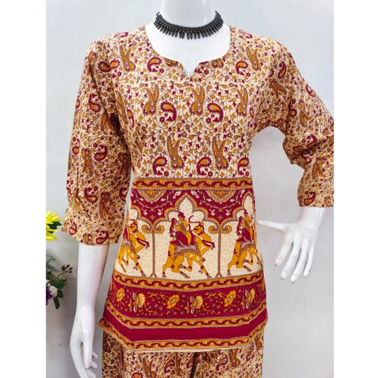 Generic Women's Cotton Jaipuri Printed 3-4th Sleeve Co ord Set (Multicolor)