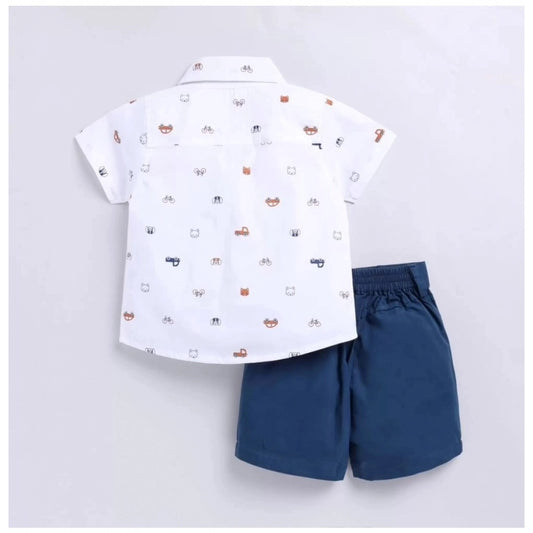 Generic Boy's Cotton Blend Printed Short Sleeve Shirt and Shorts Set (White)