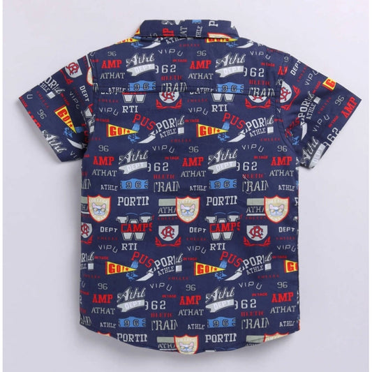 Generic Boy's Cotton Blend Printed Short Sleeve Shirt (Navy Blue)