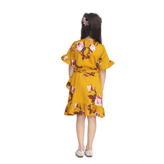 Generic Girl's Polyester Crepe Floral Printed Cold Shoulder Round Neck Dress (Mustard)
