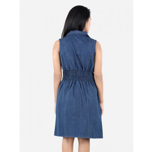 Generic Girl's Denim Solid Sleeveless Shirt collar Dress (Blue)